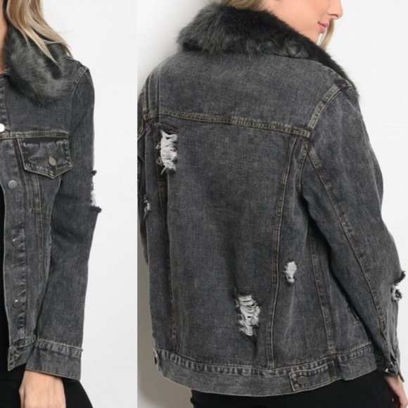 NWT Distressed Denim Faux Fur Jacket - Picture 3 of 6
